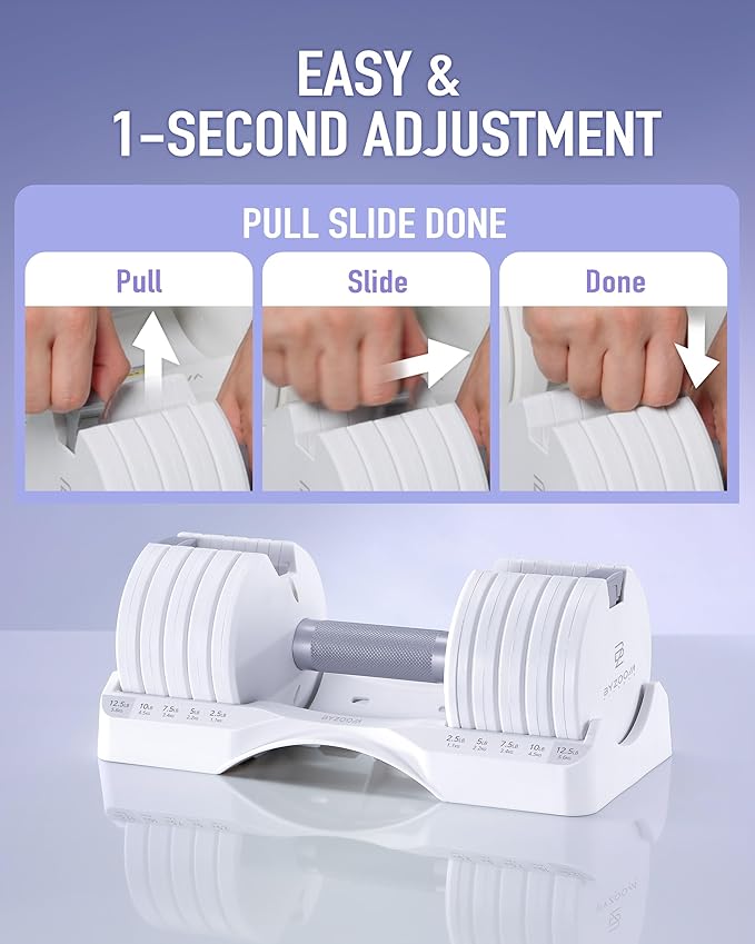 BYZOOM FITNESS Pure Series Adjustable Dumbbell - 12.5/25/27.5/75lb - ONE UNIT OR PAIR(check QTY before purchase) - 5-in-1/ 10-in-1 / 21-in-1 Flexible Hand Weights for Home Gym, Strength Training & Fitness Workouts, White OR Black