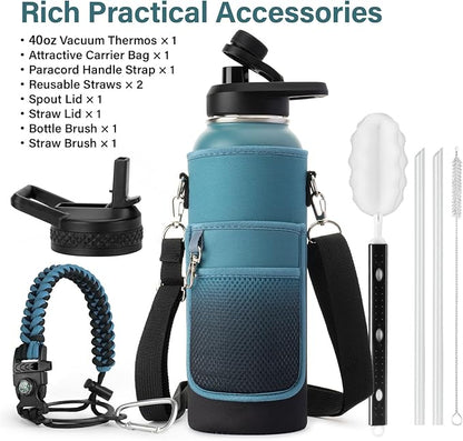 40 oz Insulated Water Bottle | Thickened Stainless Steel Vacuum Metal Portable Sports Water Jug for Gym and Hiking with Straw, Carrier Bag, Handle Strap | BPA-Free 40 oz