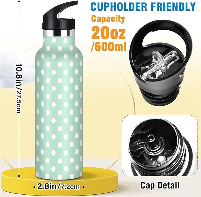 Kids Insulated Water Bottle for Boys Girls Polka Dot Mint Green 20 oz Stainless Steel Travel Mug Sport Water Bottles for Gym School