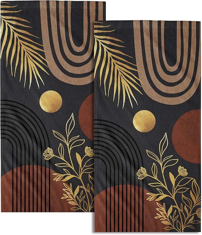 Black Boho Modern Kitchen Towels Set of 2 Abstract Mid Century Soft Absorbent Face Towels Retro Gold Leaves Tea Dish Towels Housewarming Gifts for New Home Bathroom Hotel 14"x28"