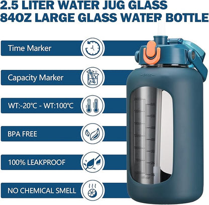 kytffu 84oz Glass Water Bottle with Straw, 2.5 Liter Large Water Bottle with Silicone Sleeve and OZ Marker, Wide Mouth Gallon Glass Bottle with 2-in-1 Lid, Leakproof Water Jug for Gym Home, Blue