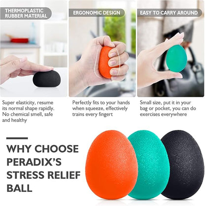 Peradix Hand Grip Strength Trainer, Stress Relief Ball, Wrist Rehab Therapy Hand Grip Equipment Ball Squishy Tools - Set of 3 Finger Resistance Exercise Squeezer