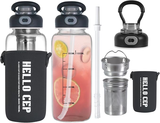 34oz Glass Water Bottle with Straw, Infuser & Protective Sleeve, BPA-Free Large Capacity drinking bottles for Hot or Cold Drinks, Perfect for Gym, Home & Office (34oz 2PCS)