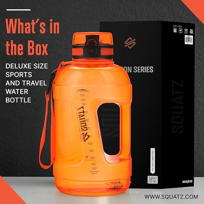 SQUATZ 78 Oz Poseidon Series Sports Water Bottle - Premium Quality Big Volume Wide Mouth protein Shake Gym Flask, Fixed Buckle Carrying Strap, Leak Resistance, Zero Condensation Sleeve,Orange