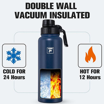 Fanhaw 40 oz Insulated Water Bottle – Stainless Steel Flask with 3 Lids (Straw, Spout, Carabiner) | Durable, Leakproof, for Hiking, Camping, Outdoor Adventures & Travel (Navy Blue)