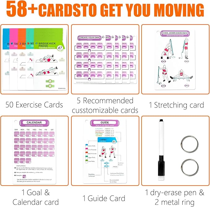 Pilates Bar Workouts for Women-58 Exercise Cards with Pilates Stick Work Out Postures，ncludes 4-Week Challenge,2 Rings& Dry-Erase for Easy Organization-Home, Gym or Studio