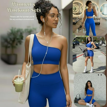 4 Pcs Women's Workout Sets Pilates Exercise Outfit Ribbed Scoop Neck Sports Bra Shorts Leggings Gym Clothes Set