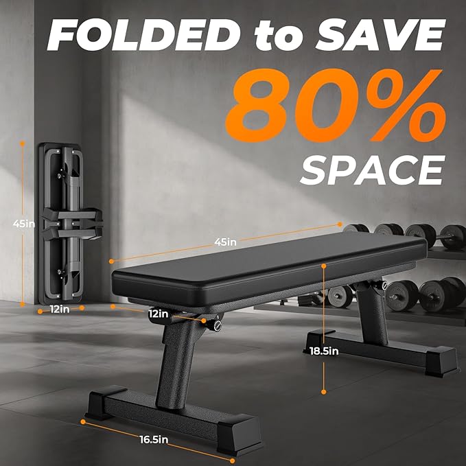 BODY RHYTHM Semi-Commercial Foldable Flat Bench for Multi-Purpose Weight Training and Ab Workout, Flat Weight Workout Exercise Bench with 1000lb Weight Capacity for Strength Training Bench Press, Suitable for Home and Gym.