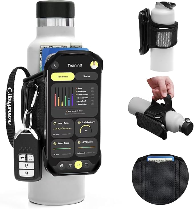 Cikyner Water Bottle Strap, Water Bottle Holder for Mobile Phone 360° Rotatable & Removable Water Bottle Pouch Gym Water Bottle Accessories for 4.5-7'' Mobile Phone & 18-40 oz Water Bottles (G7L)