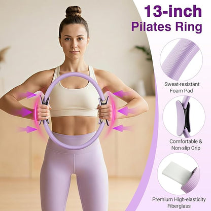 Rhino Valley Home Pilates Kit for Women, Pilates Equipment with 13'' Magic Circle, Mini Ball, 5 Resistance Bands, Bag & Guides, Beginner Home Workout Essentials Set for Full-Body Exercise