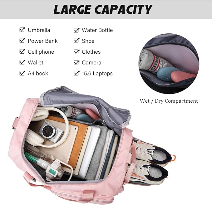 Eslcorri Gym Duffle Bag for Women Men, Sports Backpack with Wet & Shoe Compartment, Fitness Overnight Weekender Bag for Yoga, Swim, Travel (B, Grey)