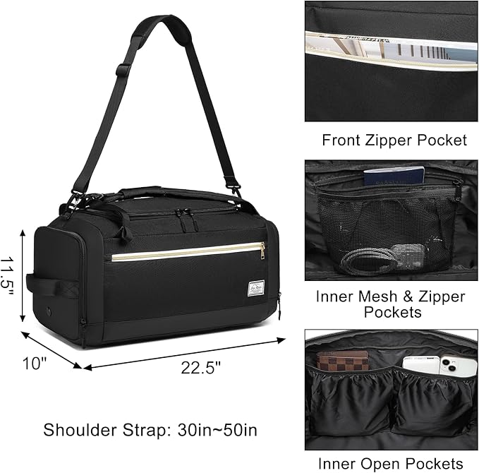 Gym Bags for Men with Shoes Compartment & Wet Pocket 4 Way Large Sports Duffle Bag Backpack Weekender Overnight Bag for Travel, Fitness, Workout, Birthday Gift for Men, Black