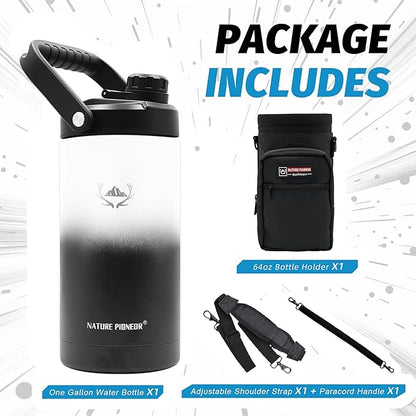NATURE PIONEOR 64 oz Insulated Water Bottle - Double Vacuum Stainless Steel Half Gallon Water Jug with Holder/Carrier, Wide Mouth, Outdoor Sports, Hiking, Camping, Gym
