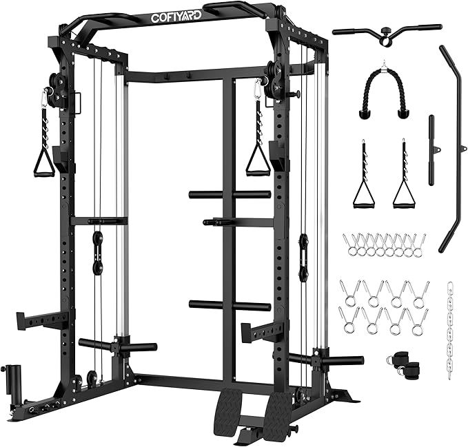 Power Cage, Power Rack with Dual Pulley System, Multi-Function Squat Rack with Cable Crossover, Home Gym Workout Machine