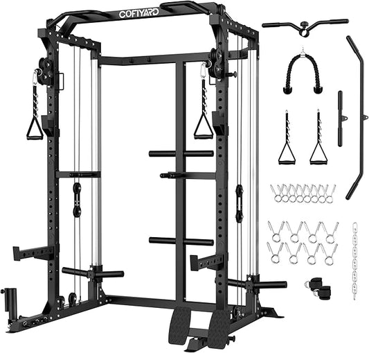 Power Cage, Power Rack with Dual Pulley System, Multi-Function Squat Rack with Cable Crossover, Home Gym Workout Machine