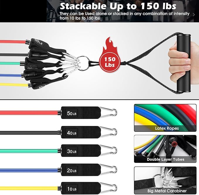 Resistance Bands Set 10–50 LB, Exercise Bands Kit for Men & Women, Full Body Workout with Handles, Door Anchor, Ankle Straps & Carry Bag, Home Gym Training