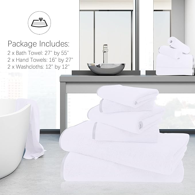 TENSTARS Luxury Silk Hemming Towel Set - Light Thin Quick Drying - 2 Bath Towels 2 Hand Towels 2 Washcloths - Ultra Soft Microfiber Towel for Bath Fitness, Sports, Yoga, Travel (White 6 Pieces)