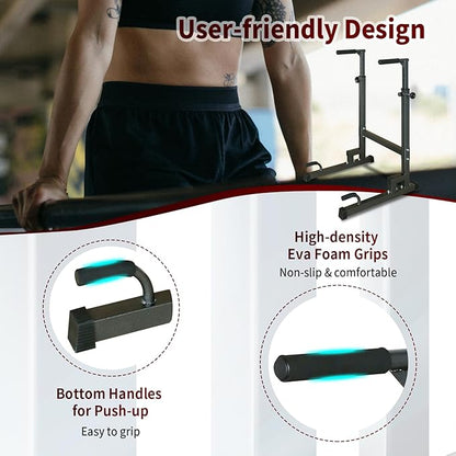 Adjustable Power Tower Dip Stand Station with Bench Pull Up Bar - Heavy Duty Multi-Function Fitness Equipment for Home Gym, Black