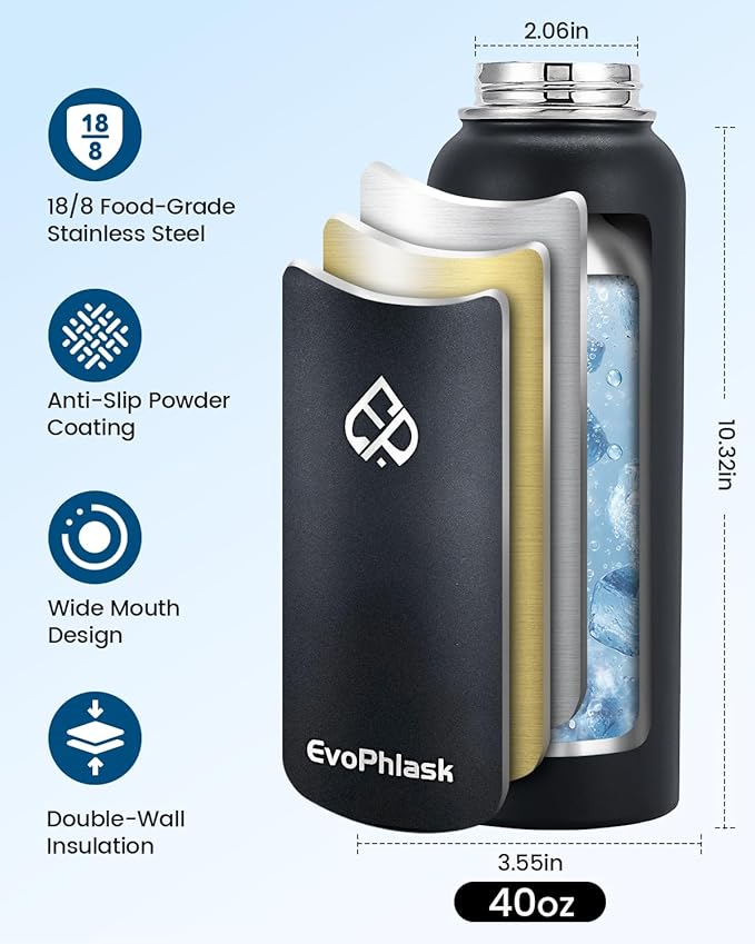 Insulated Water Bottle 40 oz, Vacuum Stainless Steel Water Bottle Keep Cold 48Hrs, Large Metal Water Jug for Travel, Sport, Gym, Hiking with Carrier Bag, Black