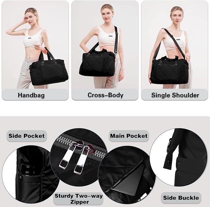 Sports Duffle Gym Bag for Women, Men- Lightweight Carry on Weekender Duffel Bag for Travel, Sports, Gym, Yoga - Water Resistant, Black
