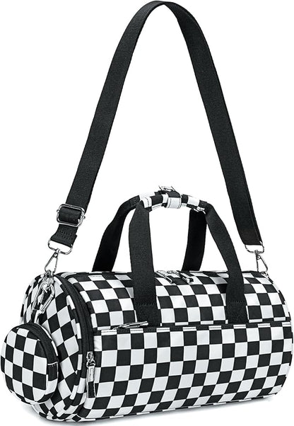 Mini Gym Bag for Women Girls Cute Small Duffle Bag 12'' with Multifunctional Pockets Workout Sport Bags Dance,Fitness,Yoga (Balck-white checkered)