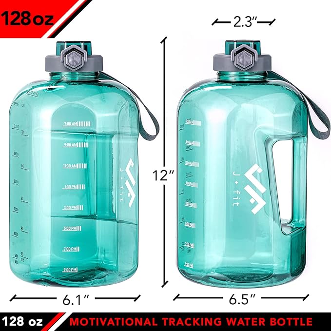 JFIT BPA Free Reusable Sports Water Bottle w/Time Markers, Leakproof Flip-Top Lid & Carry Strap – Durable PETG, 2.28" Wide-Mouth for Ice – Eco-Friendly, Odor-Free & Easy to Clean