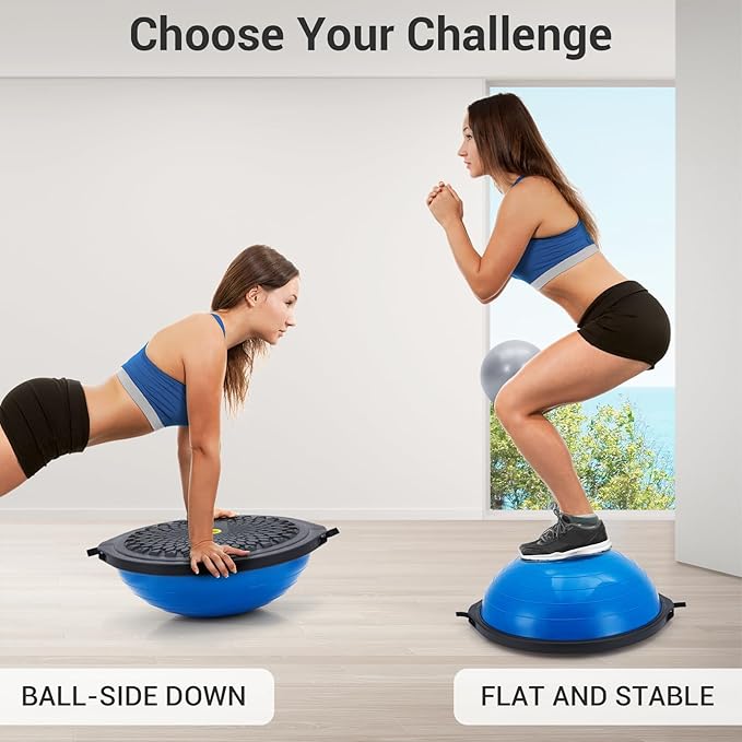 23/25in Balance Ball, 1600 lbs Half Exercise Ball with Nonslip Base, Inflatable Half Ball Balance Trainer, Stability Half Yoga Ball Strength Training Equipment with 2 Bands, Pump, Extra Ball Included