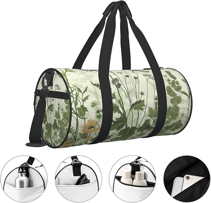 Sports Gym Bag for Women Men Travel Duffel Bag Tote Weekender Bag Carry on Overnight Bag for Travel Swimming Fitness Workout Sports Foliage and Herbs with Dragonflies Winged Duffle Bag
