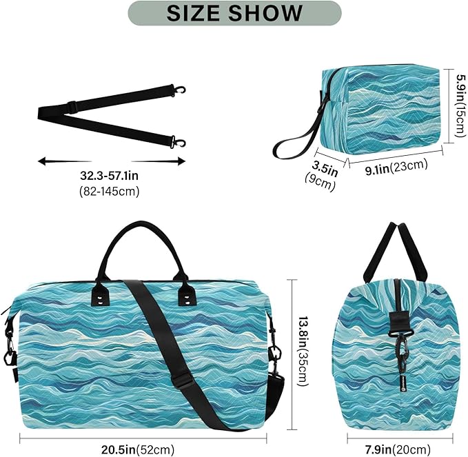 Weekender Bags Travel Duffel Gym Bag Carry on Overnight Tote Bag with Toiletry Bag for Airplane Travel Trip Gym Yoga (Sea Waves)