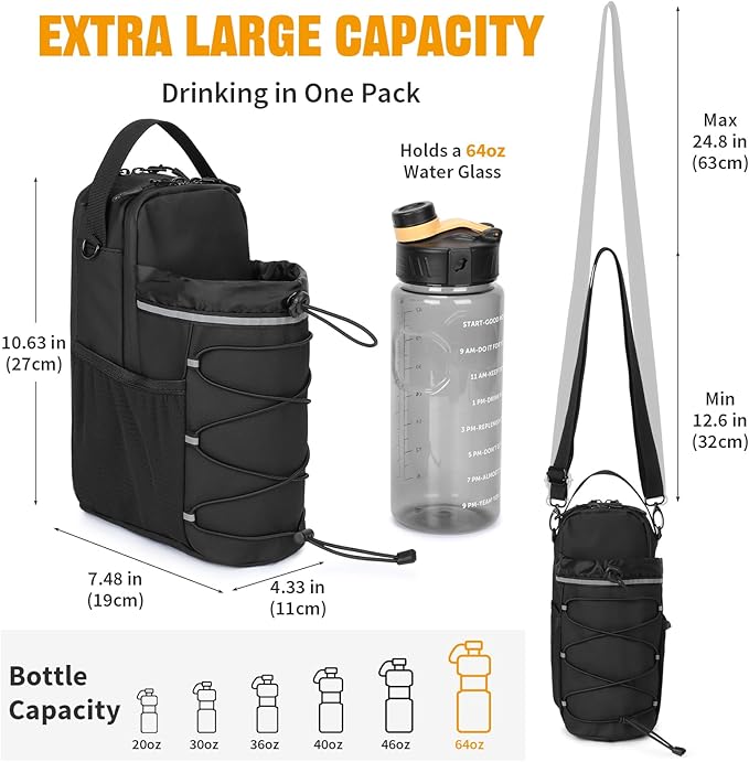 HUNTVP Magnetic Gym Bag Water Bottle Carrier Holder with Shoulder Strap & Phone Pockets, 64oz Large Magnetic Water Bottle Bag Pouch for Gym Fitness Accessories for Men and Women (4 Strong Magnets)