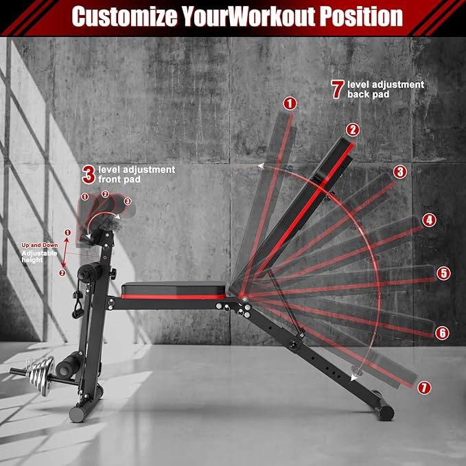 XDDIAS Adjustable Weight Bench, Workout Bench with Leg Extension and Preacher Curl Pad, Weight Bench for Home Gym, Foldable Exercise Bench, Quick Adjustment Incline Bench Press