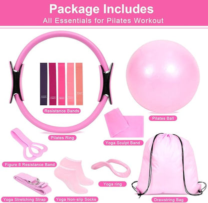 Home Pilates Essentials Kit for Women, Pilates Kit for Home Workouts, Pilates Equipment with Figure 8 Resistance Band, 14" Magic Circle, Yoga Ring, Pilates Accessories Set for Starter Workout