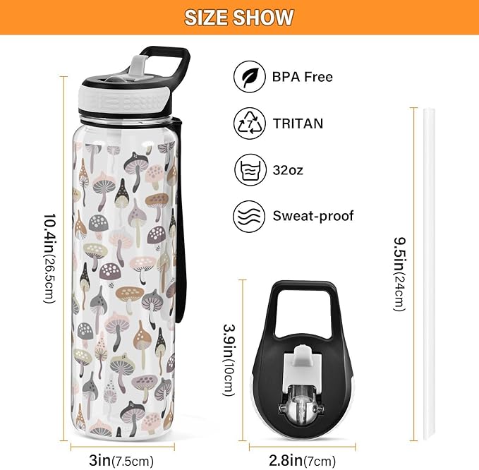 Fustylead Forest Mushrooms 32oz Water Bottle with Straw, Leakproof Clear Sport Water Bottles for Gym Camping Hiking Travel