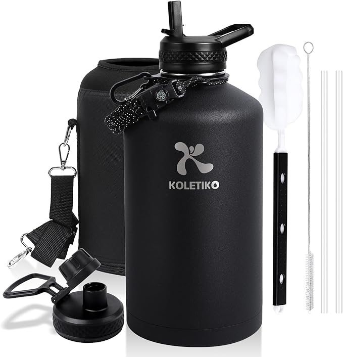 1 Gallon Water Bottle Insulated(COLD for 36 Hrs), Non-BPA & Leak Proof, 128 oz Sports Stainless Steel Water Jug Large with Paracord Handle, Straw & Spout Lid, Magic Black