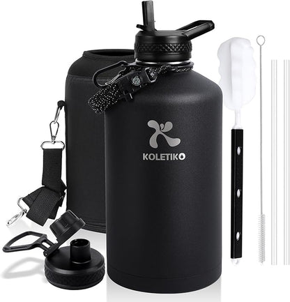 1 Gallon Water Bottle Insulated(COLD for 36 Hrs), Non-BPA & Leak Proof, 128 oz Sports Stainless Steel Water Jug Large with Paracord Handle, Straw & Spout Lid, Magic Black