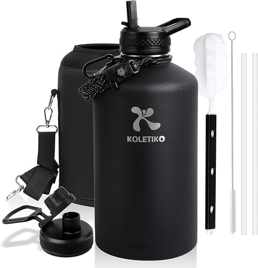 1 Gallon Water Bottle Insulated(COLD for 36 Hrs), Non-BPA & Leak Proof, 128 oz Sports Stainless Steel Water Jug Large with Paracord Handle, Straw & Spout Lid, Magic Black