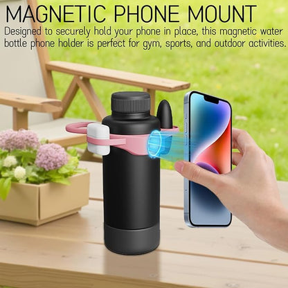 Magnetic Water Bottle Phone Holder with Straps - Anti-Slip Phone Mount for Gym, Sports - Multi-Function Tumbler Accessories for Fitness, Workout - Storage for Small Items