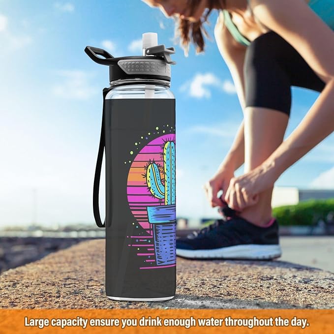 Fustylead Neon Color Cactus Design 32 oz Tritan Water Bottle with Straw, Leakproof and BPA-Free Sport Water Bottle for Fitness, Gym & Outdoor