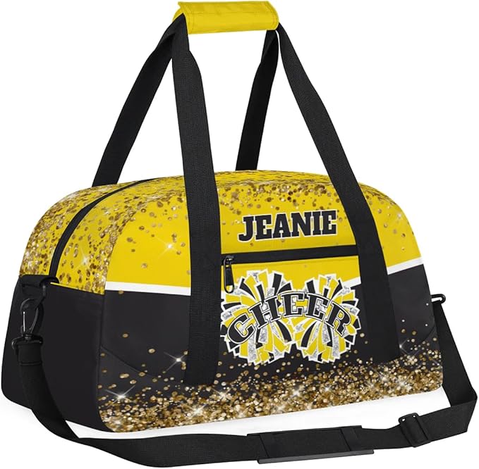 Personalized Cheer Gym Bags for Girls Kids Cheerleaders with Custom Name Sport Dance Perform Training Duffel Bags for Overnight Weekender Travel Yellow Black