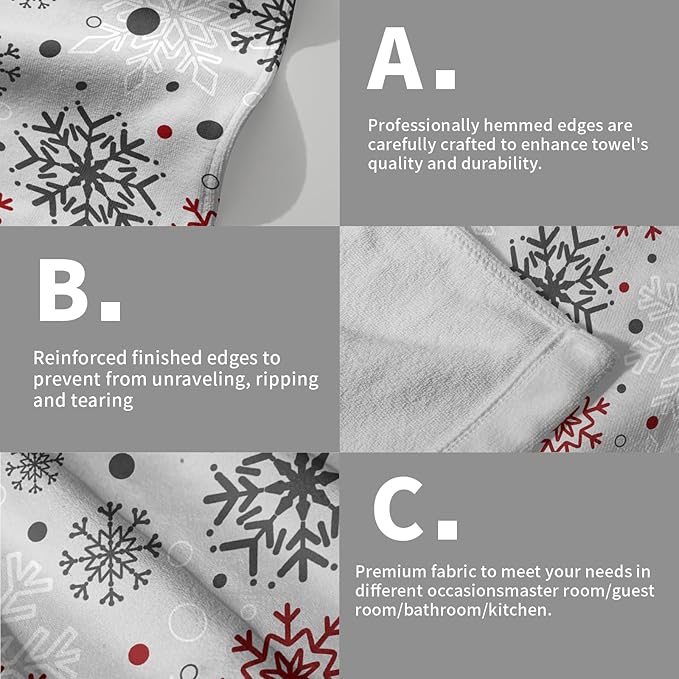 Winter Snowflake Bathroom Hand Towels Decorative Set 28.3x14 Inch Set of 2 Red Grey Snowflakes Decorative Bath Towels Christmas Holiday Super Soft Kitchen Towels for Bathroom Home Hotel Gym