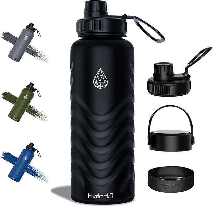 24oz Stainless Steel Insulated Water Bottle, 48H Cold & 24H Hot, Leak-Proof Wide Mouth Lids (Straw & Spout), BPA-Free Bottles, Mens Water Bottle for Gym, Hiking, Travel - Black