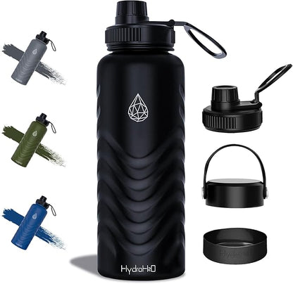 24oz Stainless Steel Insulated Water Bottle, 48H Cold & 24H Hot, Leak-Proof Wide Mouth Lids (Straw & Spout), BPA-Free Bottles, Mens Water Bottle for Gym, Hiking, Travel - Black