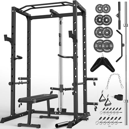 Power Cage, Multi-Functional Power Rack with J-Hooks, Dip Handles, Landmine Attachment and Optional Cable Pulley System for Home Gym