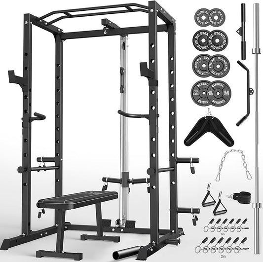 Power Cage, Multi-Functional Power Rack with J-Hooks, Dip Handles, Landmine Attachment and Optional Cable Pulley System for Home Gym