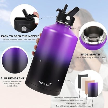 Water Bottle Insulated 32oz 40oz 64oz 128oz Straw Lid Spout Lid & 3 Lids, Leak Proof, Vacuum Insulated,Stainless Steel Water Bottle Wide Mouth for Sports, Gym or Office