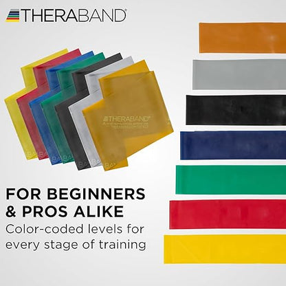 THERABAND Professional Latex Resistance Band Set, Pack of 7, Individual 6 Ft Elastic Band for Upper & Lower Body Exercise, Physical Therapy, Pilates, At-Home Workouts, 6 Foot Band, Levels 1 to 7