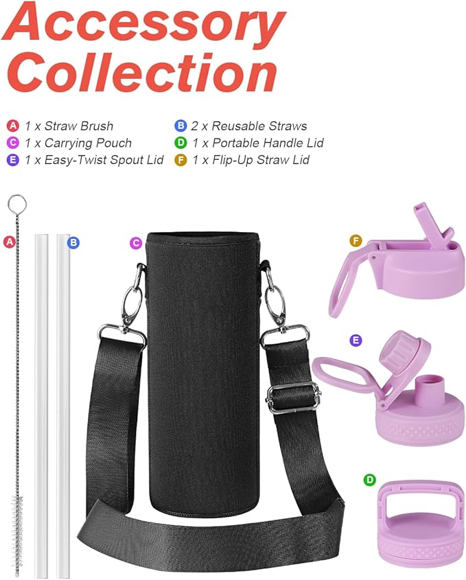 Coolflask Water Bottle 24 oz Insulated with Straw, Stainless Steel Metal 3 Lids Water Flask Wide Mouth for Sports or Office, Non-BPA Keep Cold Up to 48 Hrs or Hot Up to 24 Hrs, Pink