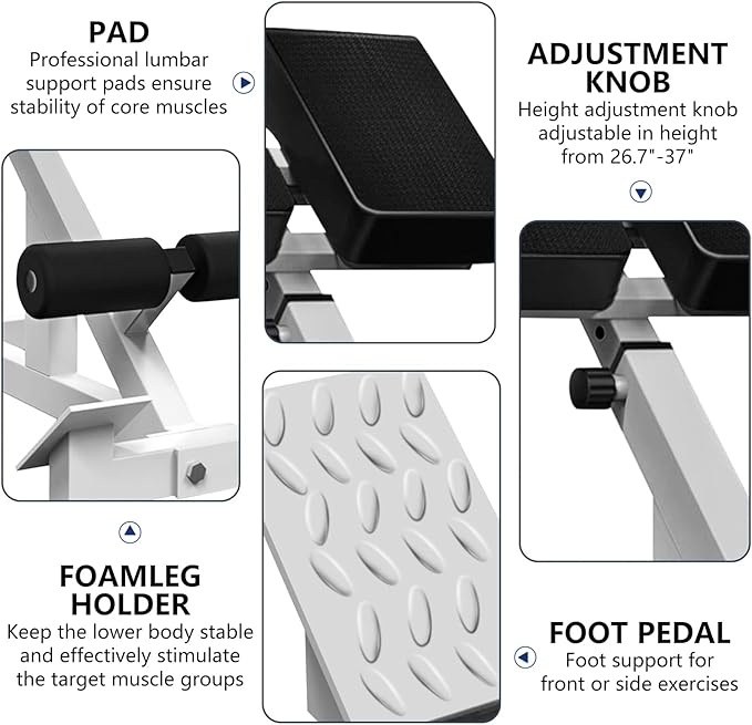 Adjustable Roman Chair, Hyperextension Bench for Back Exercise, White, Steel Frame, Multi-Position Core Training Equipment, Home Men Women Full Body ，U-Shaped Base