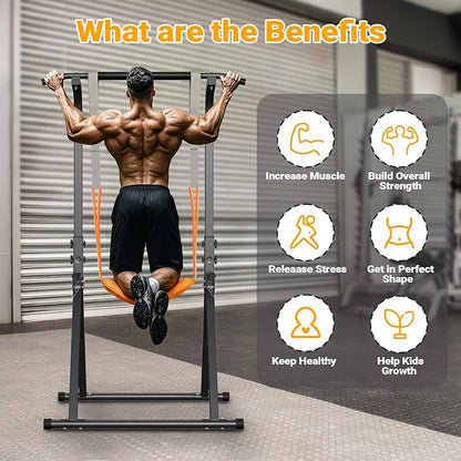 Foldable Pull Up Bar Free Standing Multi-function Power Tower Dip Bar with Assistance Bands Home Gym Strength Training Equipment