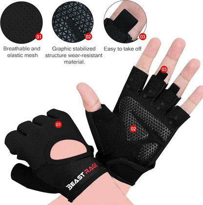 BEAST RAGE Workout Gloves for Men & Women - Fingerless Gym Gloves with Palm Protection, Breathable & Lightweight for Weightlifting, Cycling & Pull Up